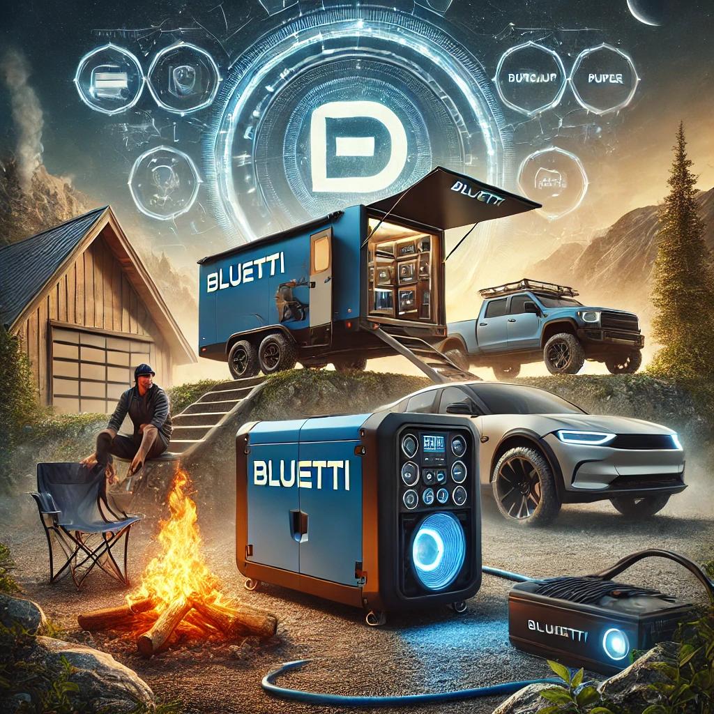 Bluetti portable solar generator powering a campsite, showcasing its outdoor and emergency backup capabilities."