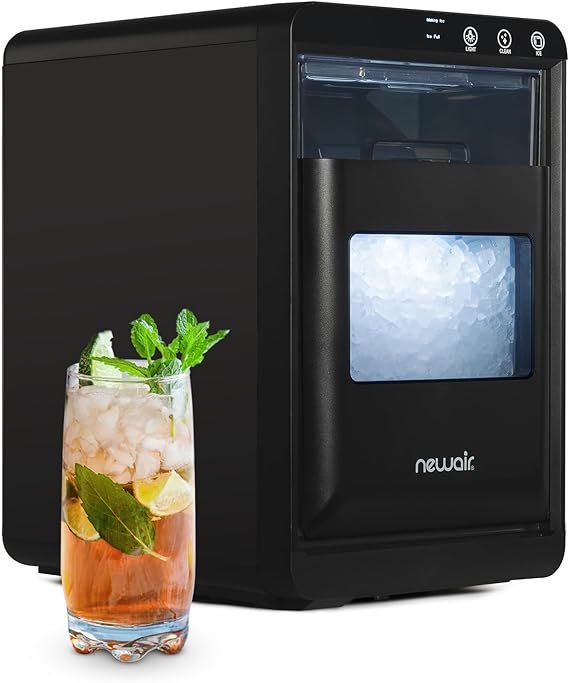 Newair Nugget Countertop Ice Maker producing crunchy, chewable nugget ice on a stylish kitchen countertop.