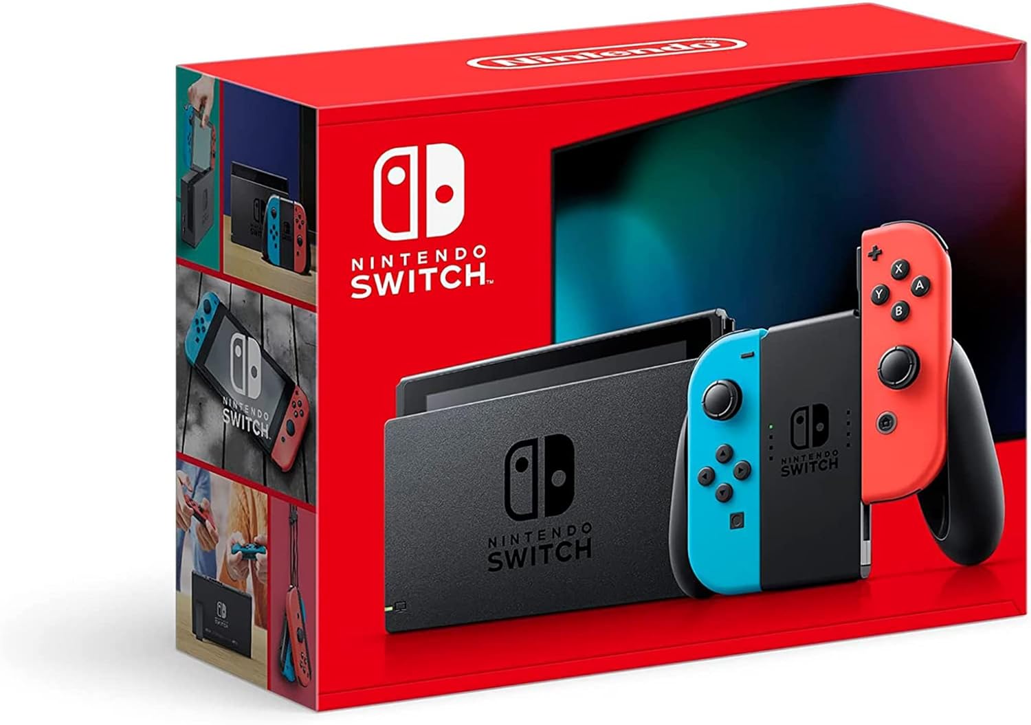 Nintendo Switch console showing detachable Joy-Con controllers and 6.2-inch LCD screen in handheld mode