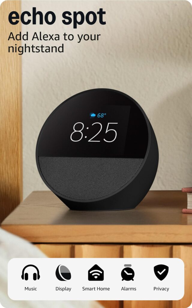 Amazon Echo Spot (newest model), Great for nightstands, offices and kitchens, Smart alarm clock with Alexa, Black Black Device only – Featured Image