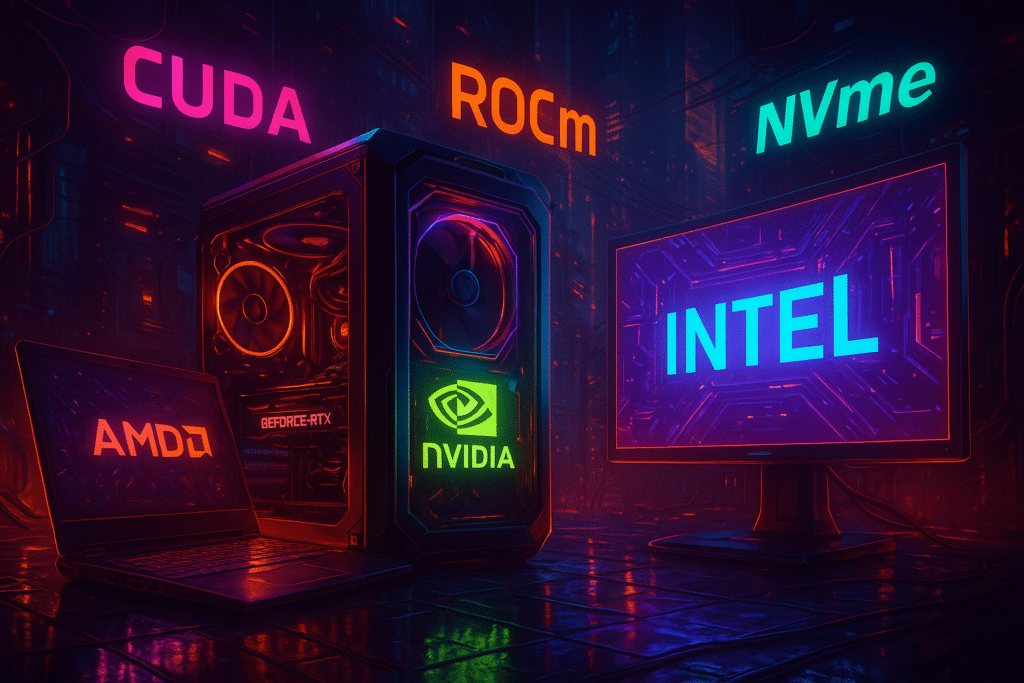Cyberpunk-style digital art of a futuristic AI workstation featuring glowing NVIDIA, AMD, Intel, CUDA, and ROCm logos on computer hardware surrounded by neon lights.